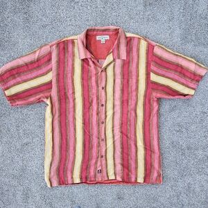 Tommy Bahama 100% Linen Shirt Papaya Red Striped Button Down Hawaiian Mens XL